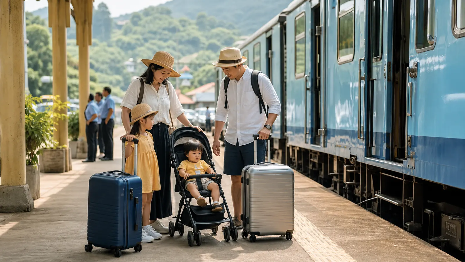 スリランカの列車でスーツケースの置き場所を確認する旅行者