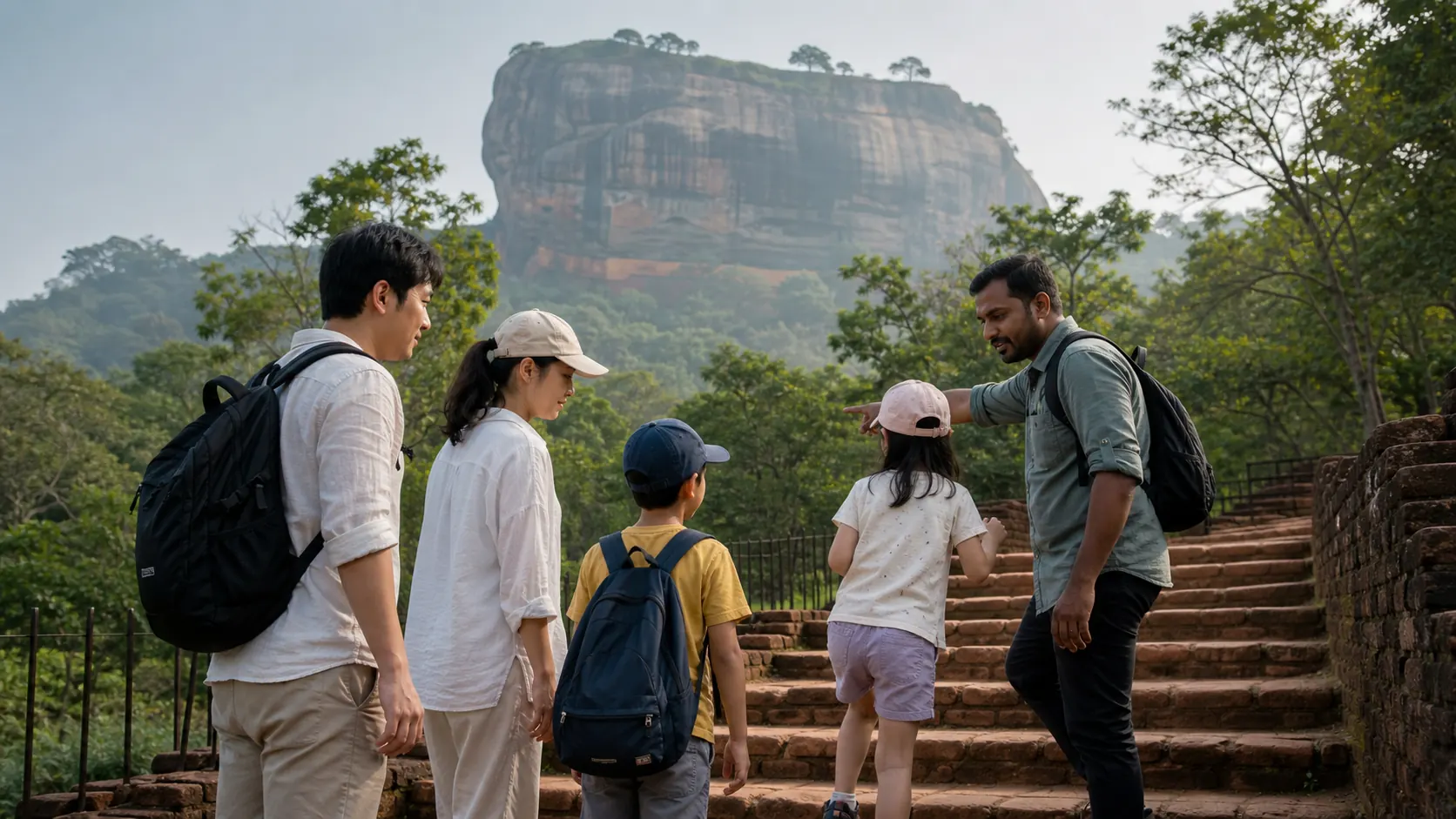 シーギリヤを訪れる子連れ旅行者と観光ドライバーのイメージ