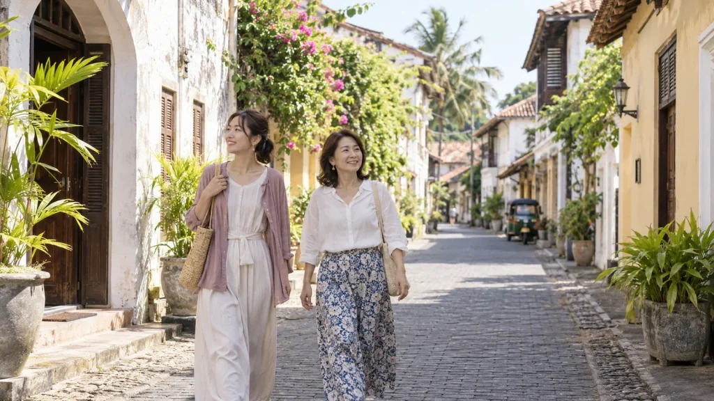 ゴール旧市街を歩く女性旅行者のイメージ（生成画像）
