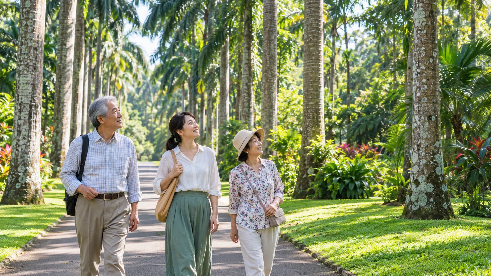 スリランカの植物園をゆっくり歩くシニア旅行のイメージ(生成画像)