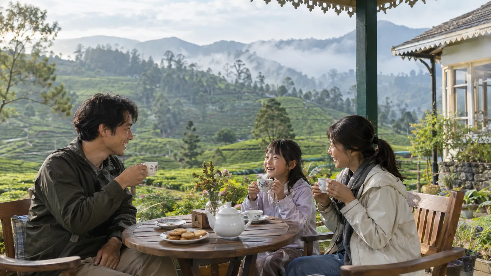紅茶の高原を家族で訪れるスリランカ6泊7日の旅（生成イメージ）